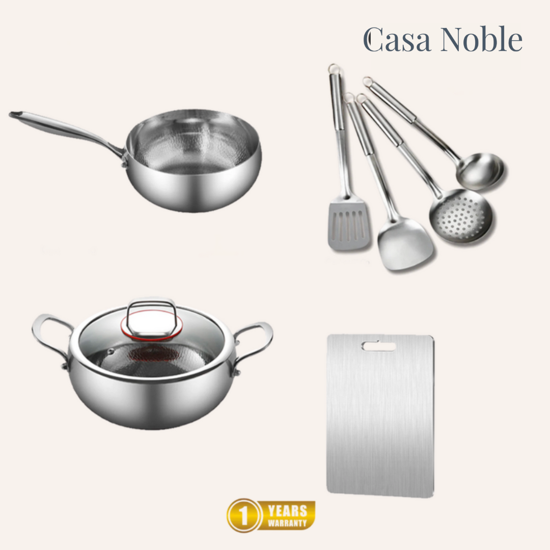 Paquete Chef's Choice: 2 sartenes + juego de utensilios + tabla de cortar