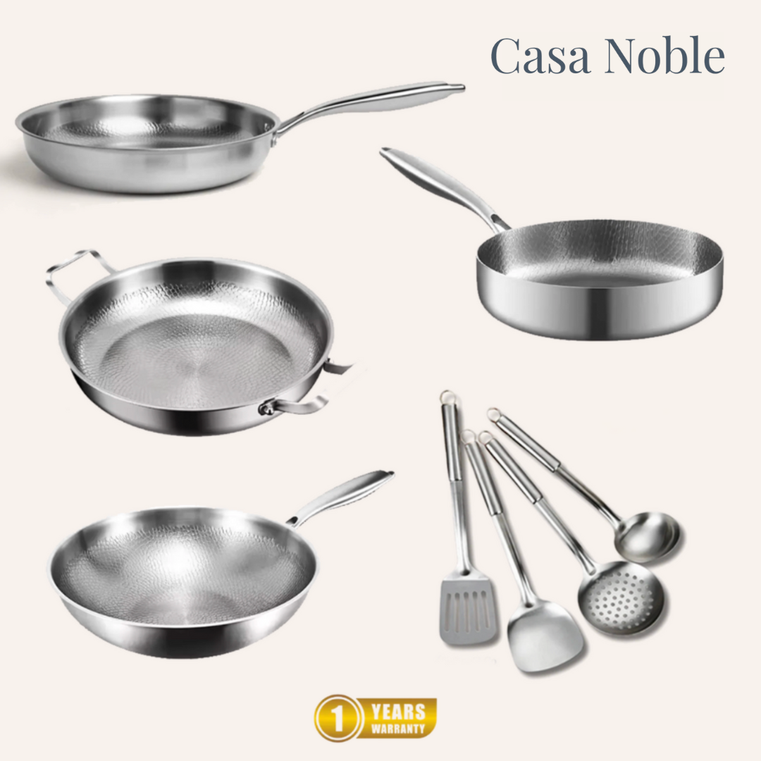 Paquete de fiesta familiar: juego de 4 sartenes + utensilios